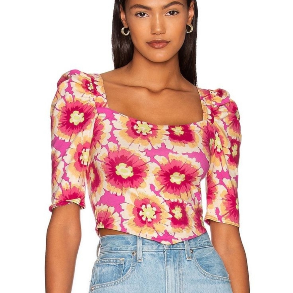 Free People Give Me More Color Pop Floral Puff Sleeve Crop Top Large Summer Boho